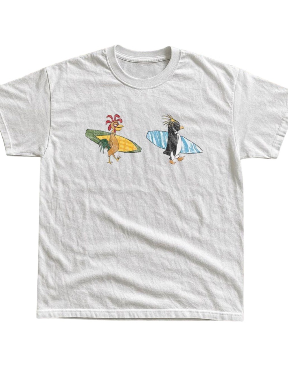 Gildan White Tee with Surfing Chicken Graphics